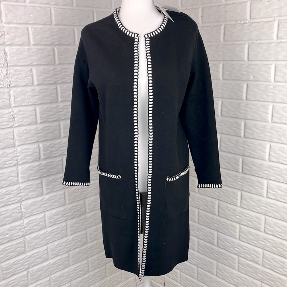 MAGASCHONI Knit Cardigan Duster black with white trim size small NWT